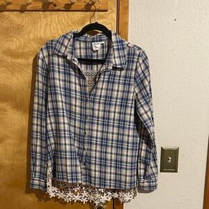 Blue and White Plaid Button-Up Shirt with Lace back